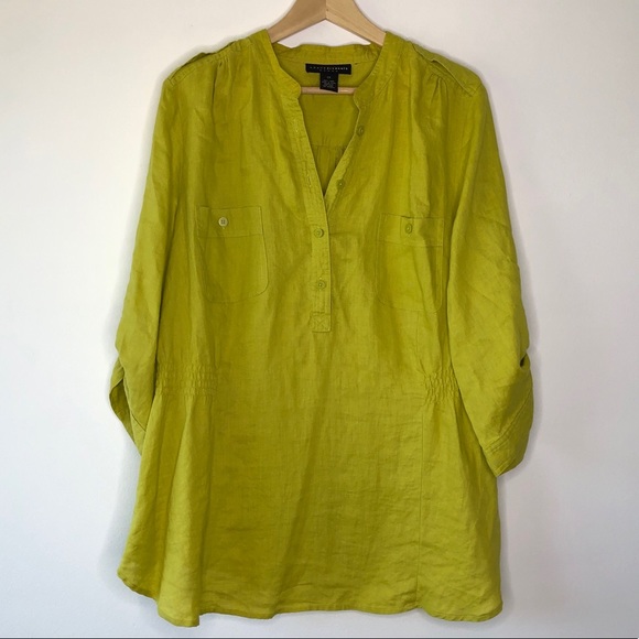 Grace Elements Lime Green 100% Linen Pullover 1/2 Button Down Shirt Top (2X) - Picture 1 of 9